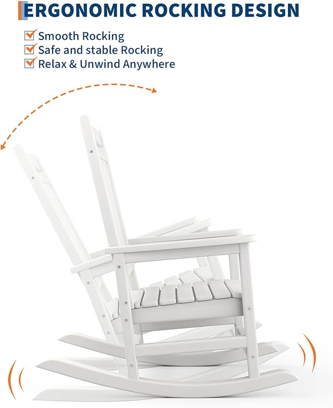 GarveeLife Poly Lumber Rocking Chair Outdoor Set of 4 with 2 Side Table - HDPE High Back Porch Rocker Chairs for Adults - All Weather Resistant Furniture for Patio - White