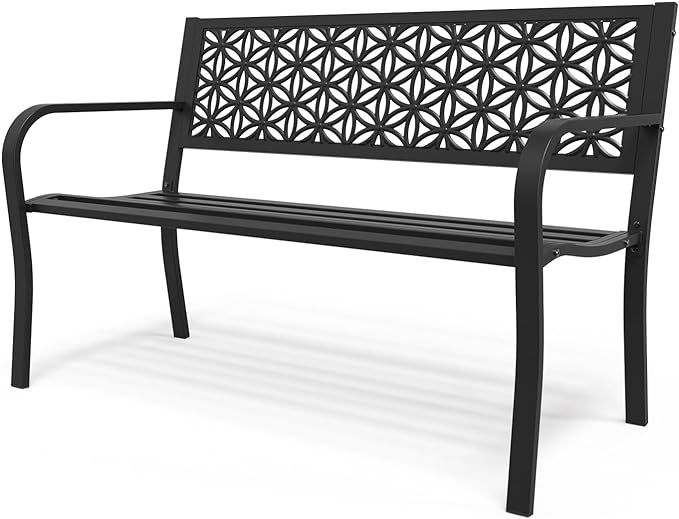 VINGLI 50" Outdoor Bench Metal with Floral Back, Garden Bench Front Porch Benches for Yard Patio Entryway Park Outside, 800lb Capacity - Black
