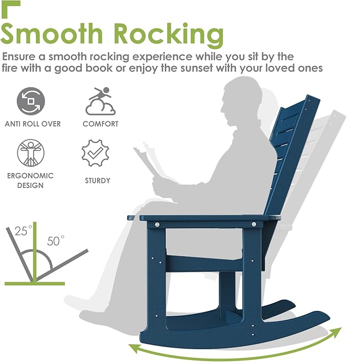 GREENVINES Outdoor Rocking Chairs | Set of 4 | Porch Rocker | HDPE Plastic | Blue | Oversized Rockers | High Back | Big & Tall | Ladder Back | for Patio Outside Backyard Balcony Garden