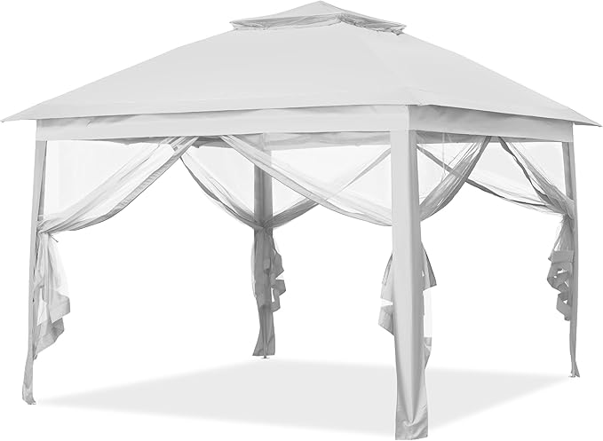 GDY 11x11 Pop Up Canopy Tent, Outdoor Canopy with Netting, Outdoor Gazebo for Backyard, Tent with Hand Bag, White.