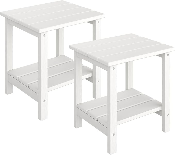 GarveeLife Outdoor Side Table 2-Tier, 18 in HDPE All Weather Resistant Patio Side Tables for Outside, End Table for Patio Pool Deck Indoor Backyard, White-2Pcs