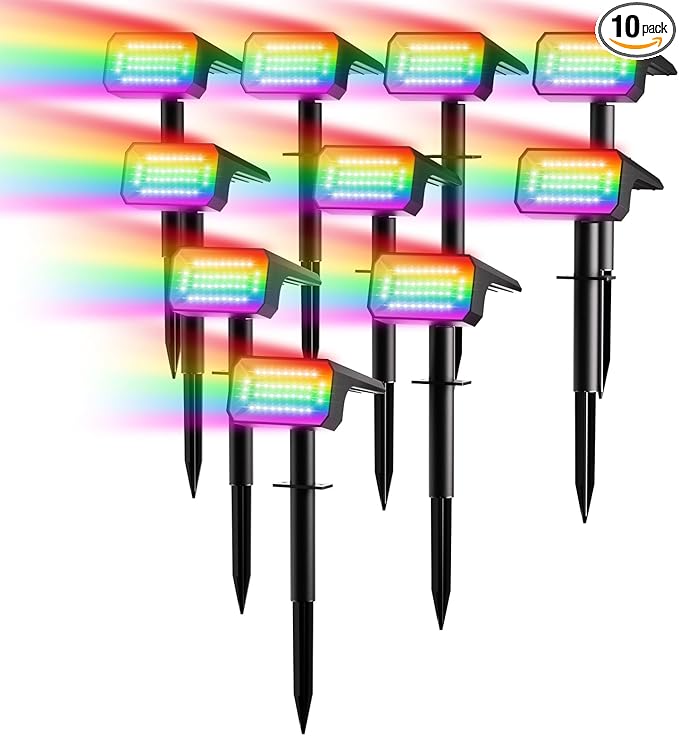 Fabrito Color Changing Solar Spot Lights Outdoor 10 Pack, [6+1 Lighting Modes] Auto On/Off RGB Spotlights, Waterproof Multicolor Landscape Lights for Garden, Tree, Halloween, Christmas