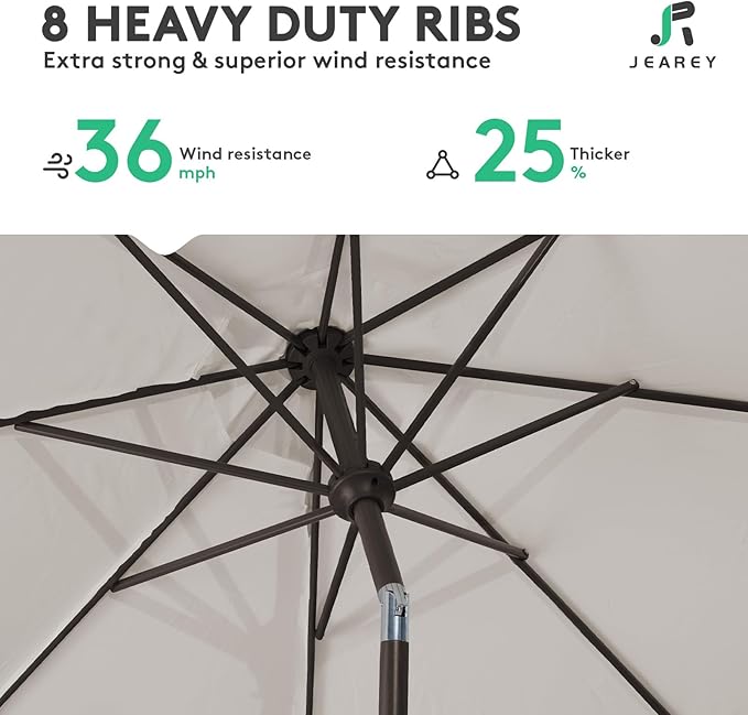 JEAREY 9FT Outdoor Patio Umbrella Outdoor Table Umbrella with Push Button Tilt and Crank, Market Umbrella 8 Sturdy Ribs UV Protection Waterproof for Garden, Deck, Backyard, Pool (Fog Gray)