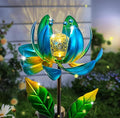 Solar Yard Lights Wind Spinners- Metal Lotus Flower Garden Decor LED Crackle Glass Globe Yard Art Sculpture Solar Stake Lights for Patio Pathway Lawn Walkway