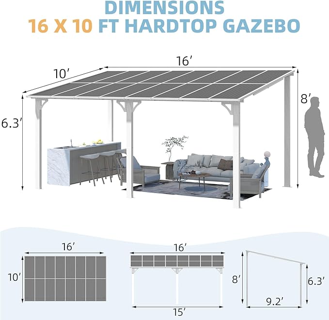 AECOJOY 16' x 10' Gazebo White Outdoor Pergola for Patio, Large Wall-Mounted Hard Top 10x16 Lean to Metal Gazebo Shelter Pergolas and Gazebos Clearance with Patio Roof, Heavy Duty Awnings for Backyard