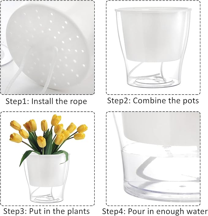 ZOOFOX 4 Pack Self Watering Pots for Indoor Plants, 7 Inch Large Clear Plastic Automatic-Watering Plant Pot, Modern Decorative Pot for Indoor Plants, Flowers, Herb, Aloe, Orchid, African Violets