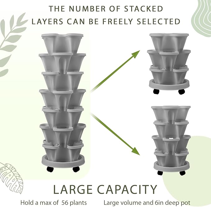 Umigy 2 Set of 7 Tier Vertical Planter Stackable Tower Planters Strawberry Herb Flower and Vegetable Pots Indoor Outdoor Gardening Pots with Removable Wheels and Tools(Light Gray)
