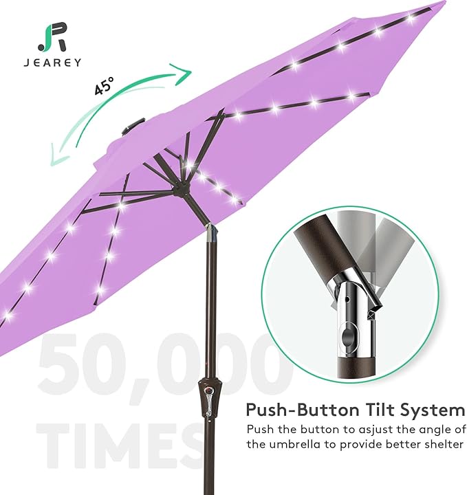 JEAREY 9FT Outdoor Patio Umbrella with Solar Lights, LED Lighted Pool Umbrella with Tilt and Crank, Outdoor Table Umbrellas for Deck, Yard & Market (Taro Purple)