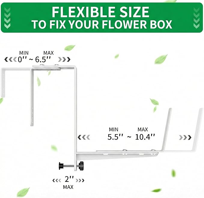 Window Box Brackets, Adjustable Planter Box Brackets, Heavy Duty Iron Flower Box Brackets for Railings, with Enhanced Bottom Support - Perfect for Balconies, Fences, and Gardens (White, 4 Pack)