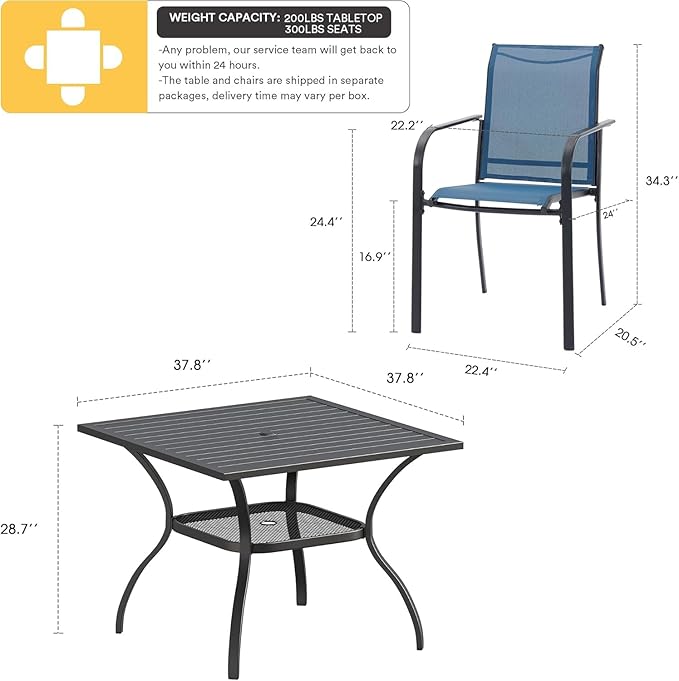 VICLLAX 5 Pieces Patio Dining Set for 4, Outdoor Furniture Set Includes 37.8" Square Outdoor Table and 4 Stackable Patio Sling Chairs, Black Tabletop and Blue Fabric