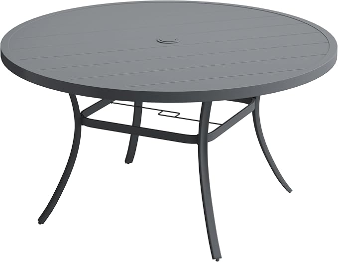 VICLLAX 63" Outdoor Round Patio Table with Umbrella Hole, All Weather Metal Round Outdoor Dining Table for Lawn Garden, 8-10 Person Table, Grey
