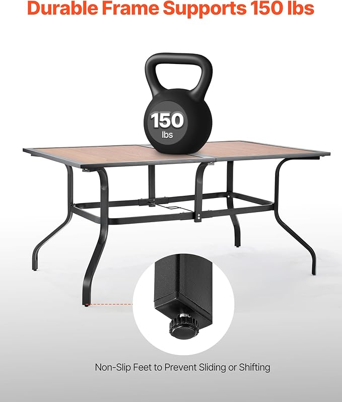 VEVOR Outdoor Patio Dining Table, 59 inch Long Rectangular Wood-Like Steel Slat Backyard Bistro Tables for 4-6, with 1.5 in Umbrella Hole, All-Weather Large Furniture for Lawn Garden Porch, Brown