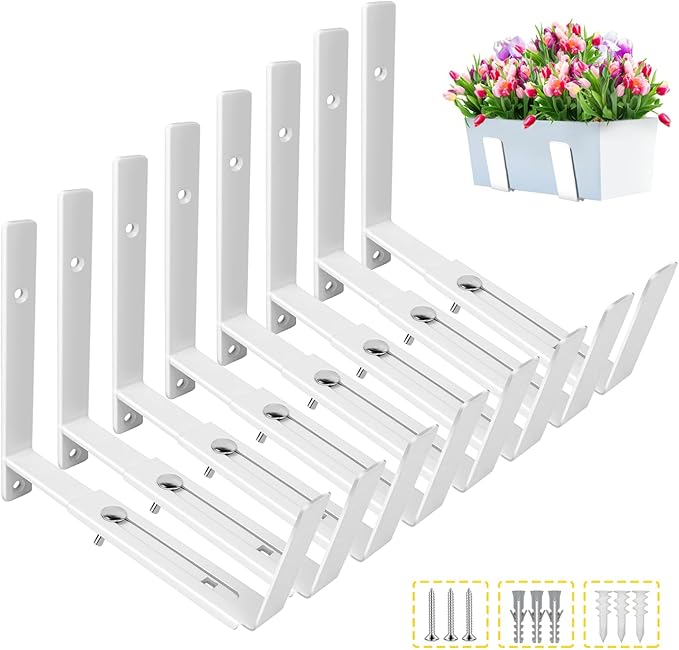 LukLoy Window Planter Box Brackets, 8 Pack Adjustable Heavy Duty Wall Mount Window Flower Boxes Outdoor with Bracket (6 to 12 in), with 70lbs Capacity, White