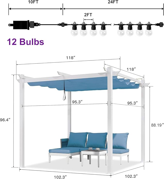 PURPLE LEAF 10' x 13' Aluminum Outdoor Pergola White Modern Grape Trellis Retractable Pergola with Double Sun Shade Canopy Metal Pergola with Light for Patios Backyard Deck Garden, Blue