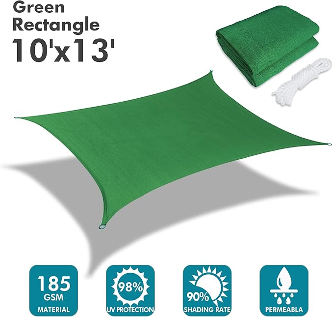 KANAGAWA Sun Shade Sail 10'x13' Dark Green Rectangle UV Block Canopy Awning Shelter Fabric Cloth Screen for Outdoor Patio Garden Backyard