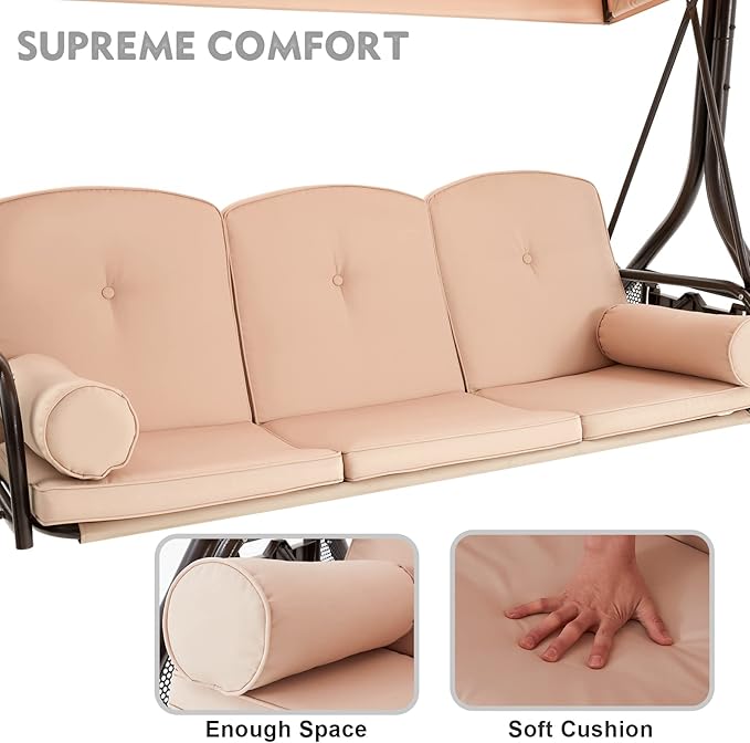 HOMREST 3 Seat Outdoor Porch Swing with Adjustable Canopy, Convertible Patio Swing Bed with Stand, Patio Glider Swing with Upgraded Cup Holder, Thicken Cushions ＆ Pillow for Backyard(Khaki)