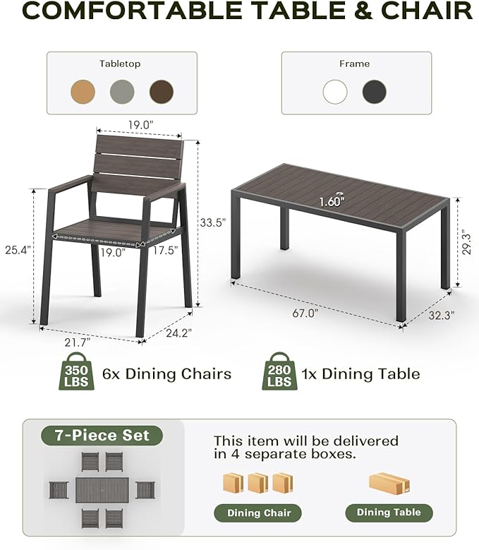 67" HDPS Outdoor Patio Dining Table, Aluminum-Edged Outdoor Dining Table with Umbrella Hole, Weather-Resistant for Lawn, Garden, Poolside and Indoor Use, Charcoal