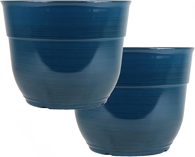 Garden Elements Indoor/Outdoor Glazed Brushed Happy Plastic Planter, Large, Dark Teal, 15" (Pack of 2)