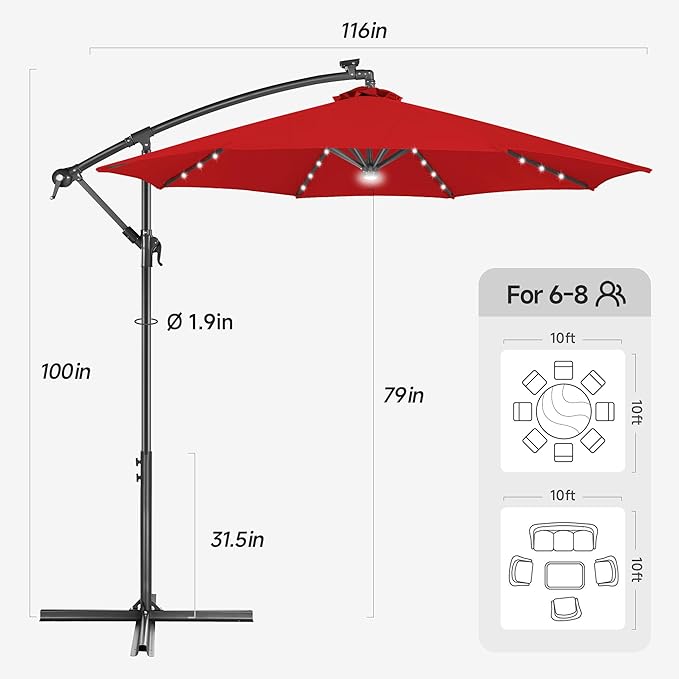 Solar Offset Patio Umbrella - 10 ft Solar Cantilever Umbrella Outdoor with 40 LED Lights and Cross Base, UV Protection for Garden, Deck, Backyard, Pool, Porch (Red)