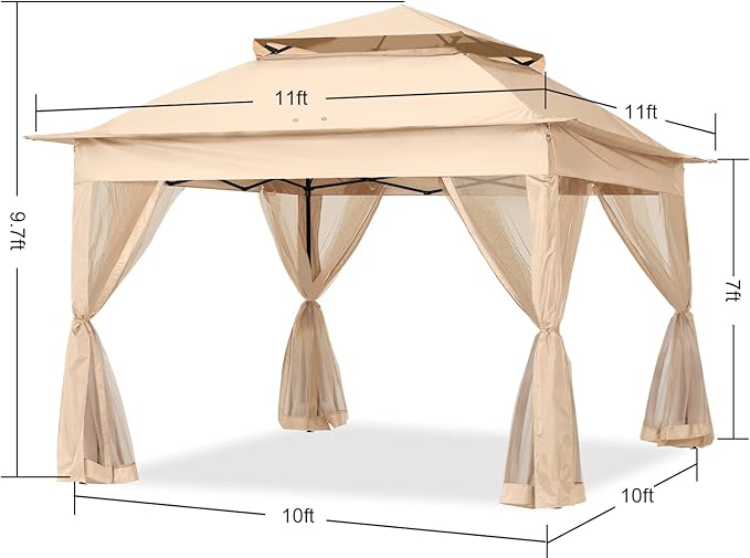 COOSHADE 11x11Ft Easy Pop Up Gazebo Tent Instant Outdoor Canopy Shelter with Mosquito Netting Walls(Khaki)