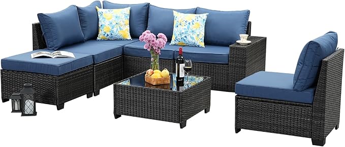 Jing's Villa 7-Piece Patio Furniture Set, All-Weather Outdoor Wicker Sectional Sofa with Cushions, Tempered Glass Table & Ottoman, Rattan Conversation Seating for Porch, Garden, Backyard,Navy