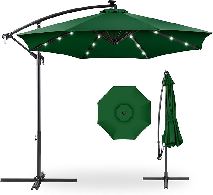 Best Choice Products 10ft Solar LED Offset Cantilever Hanging Market Patio Umbrella, 8 Sturdy Ribs, Easy Adjustment - Green