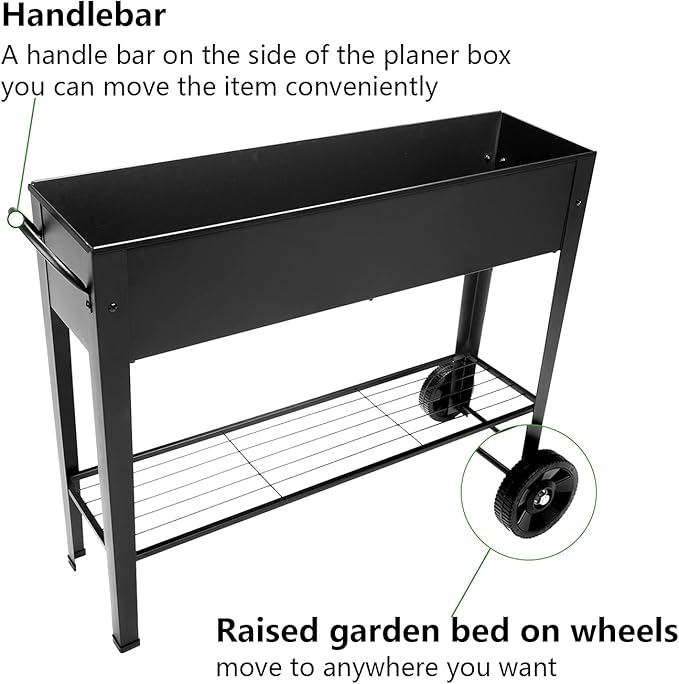 Piksedo Raised Garden Bed, Elevated Planter Metal Plant Box with Wheels with Legs Standing Garden Stand Drainage Holes Frosted Black