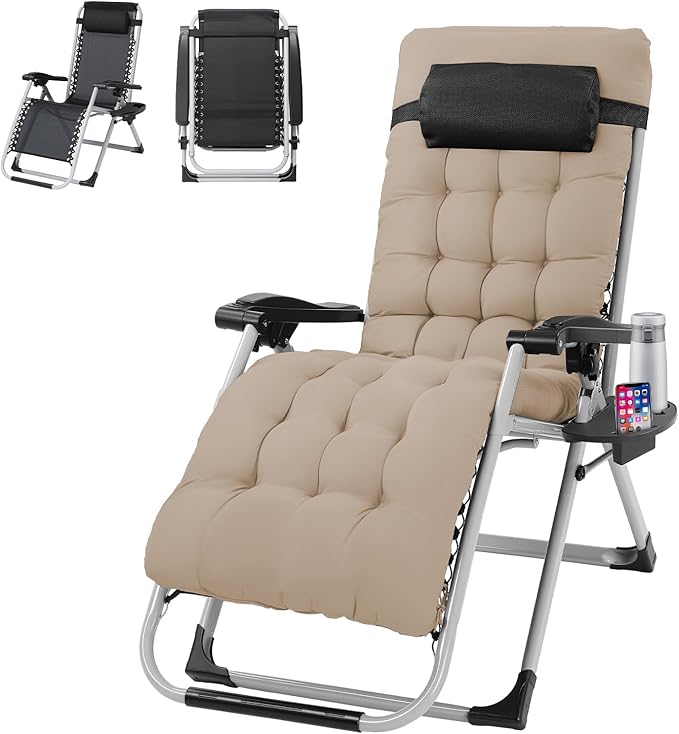 VINGLI Padded Zero Gravity Chair, Lounge Chair with Removable Cushion & Tray， Folding Reclining Patio Chairs， Recliner Chair for Lawn，Indoor Outdoor-Khaki