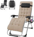 VINGLI Padded Zero Gravity Chair, Lounge Chair with Removable Cushion & Tray， Folding Reclining Patio Chairs， Recliner Chair for Lawn，Indoor Outdoor-Khaki