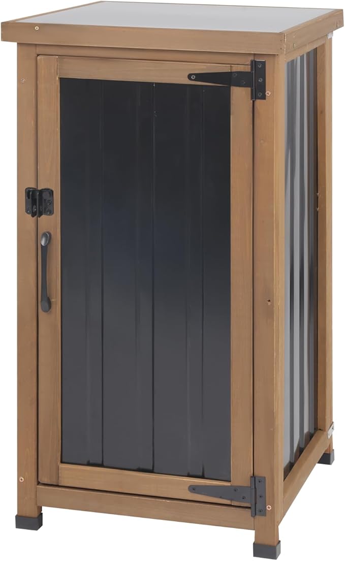 Small Outdoor Storage Cabinet Weatherproof, Wood Garden Potting Bench Table with Removable Shelves, Metal Top, Outdoor Cabinet Work Station for Patio, Backyard, Brown,17.9''x17.9''x33.5''
