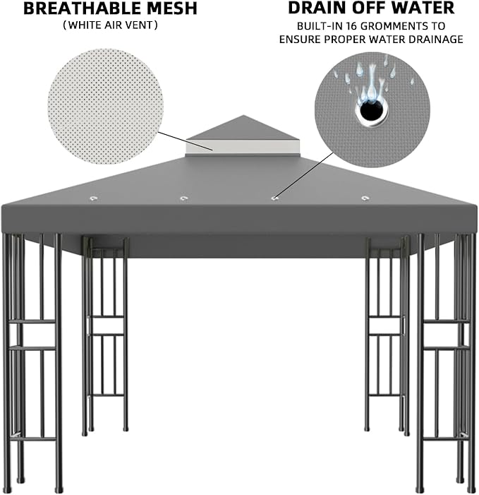 Sumfaller 10x10 FT Gazebo Replacement Canopy Top Cover Double Tiered Canopy Top Cover for Outdoor BBQ Roof Cover Grill Shelter (Grey)
