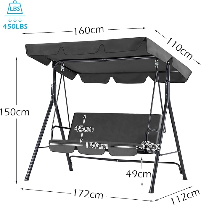AECOJOY 3-Seat Outdoor Clearance Porch Swings for Adults, Outdoor Patio Swing with Adjustable Canopy & Removable Cushion for Backyard, Garden, Balcony, Grey