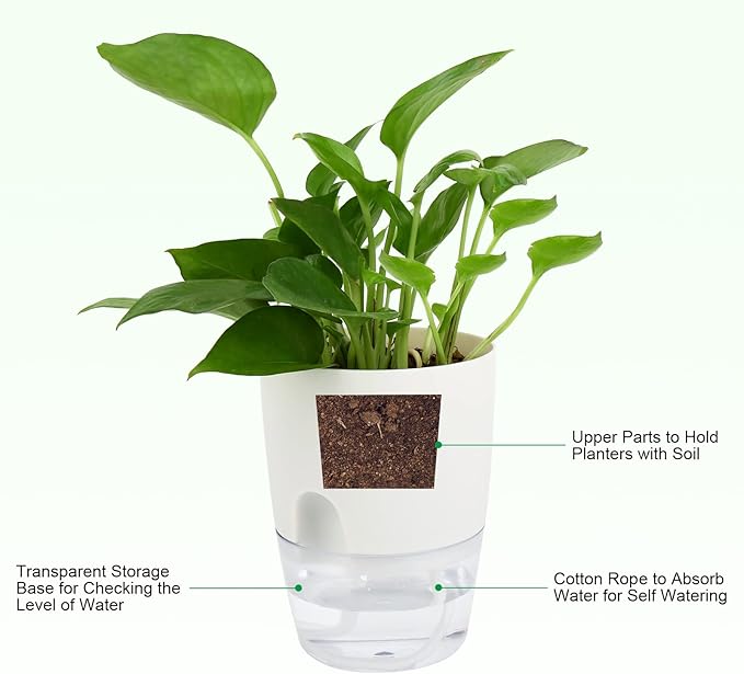 ShineMe Self Watering Pots, 5 Pack Self Watering Planters for Indoor Plants, 4.1 inch Plastic Plant and Flower Pots for African Violets, Herbs, Aloe, Peace Lily with Absorbent Cotton Rope