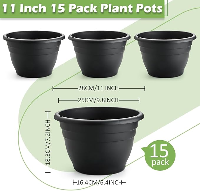 15 Pack 11 Inch Plant Pots with Drainage Holes,Black Plastic Flower Pots with Hanging Holes,Durable Planters for Indoor & Outdoor Plants,Nursery Pots