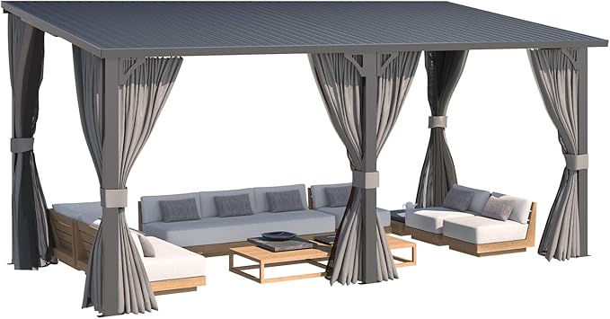 AECOJOY 16'x8' Outdoor Hardtop Metal Gazebo with Curtain and Netting for Patio, Large 8x16 Lean to Wall Mounted Pergolas and Grill Gazebos Clearance, Heavy Duty Galvanized Steel Roof Awnings for Decks