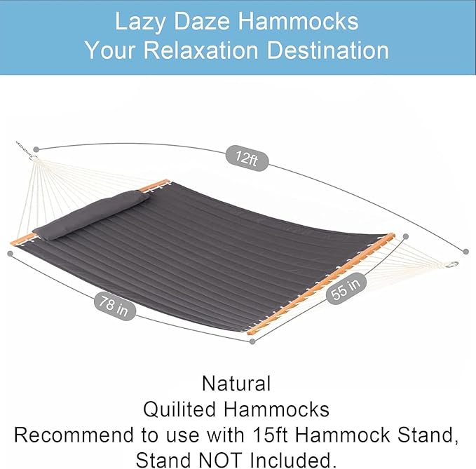 Lazy Daze Hammocks 12 FT Double Quilted Fabric Hammock with Spreader Bar and Detachable Pillow, 2 Person Double for Outside Patio Poolside Backyard Beach, 450lbs Capacity, Gray