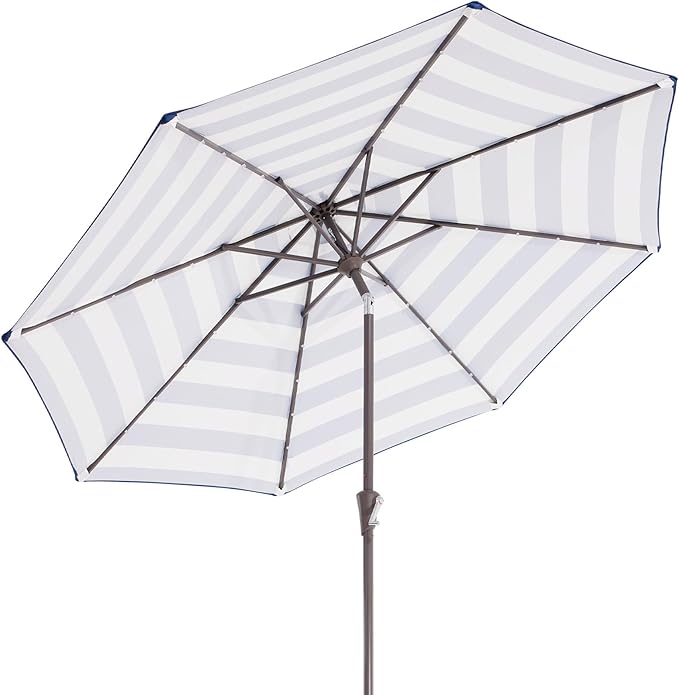JEAREY 9FT Outdoor Patio Umbrella with Solar Lights, LED Lighted Pool Umbrella with Tilt and Crank, Outdoor Table Umbrellas for Deck, Yard & Market (Blue White Striped)