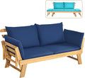 Tangkula Acacia Wood Patio Convertible Couch Sofa Bed with Adjustable Armrest, Outdoor Daybed with Cushion & Pillow, Turquoise & Navy Cushion Cover Sets, Folding Chaise Lounge Bench Ideal for Porch