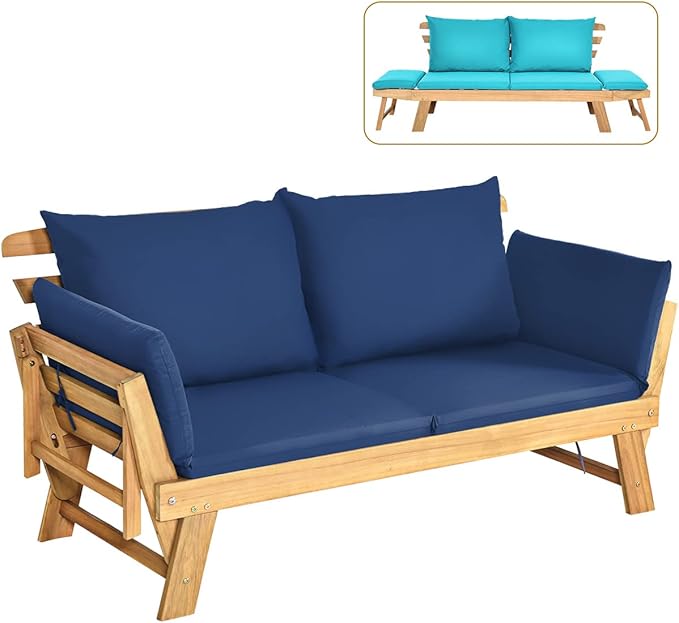 Tangkula Acacia Wood Patio Convertible Couch Sofa Bed with Adjustable Armrest, Outdoor Daybed with Cushion & Pillow, Turquoise & Navy Cushion Cover Sets, Folding Chaise Lounge Bench Ideal for Porch