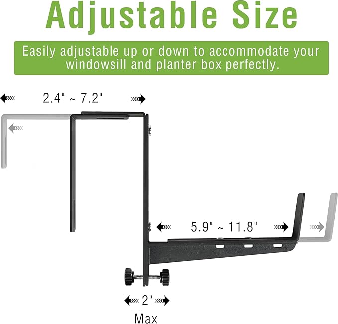Window Box Brackets, Adjustable Hanging Railing Planter Box Brackets, Heavy Duty Wall Mount Iron Flower Box Holder for Outdoor Windowsill, Balcony, Garden, and Fence (2 Pack)