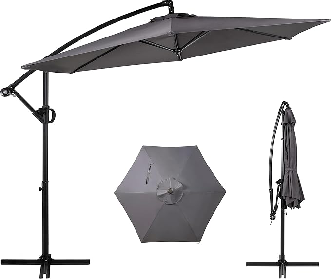 Shintenchi Patio Offset Umbrella with Easy Tilt Adjustment,Crank and Cross Base, Outdoor Cantilever Hanging Umbrella, Sunshade Free Standing Canopy, Dark Gray