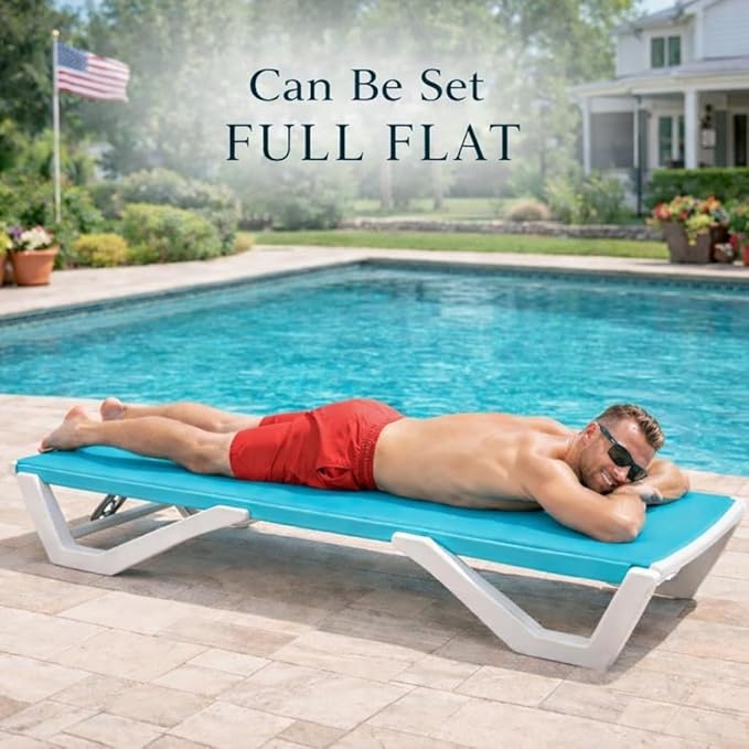 Kozyard Outdoor Chaise Lounge Chair, Full Flat Adjustable Patio Lounger with Aluminum Frame & Resin Legs, Textilene Fabric for Poolside, Backyard & Beach (Aqua/WhiteFrame, Chair Without Table)