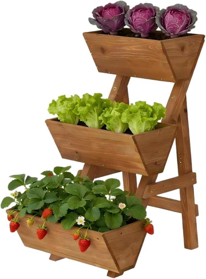 3-Tiers Wooden Raised Garden Bed Planter Box Flower Pots Vertical Garden Planter Wood Plant Stand for Vegetables Flowers Herbs for Patio, Balcony, Freestanding (Brown S)