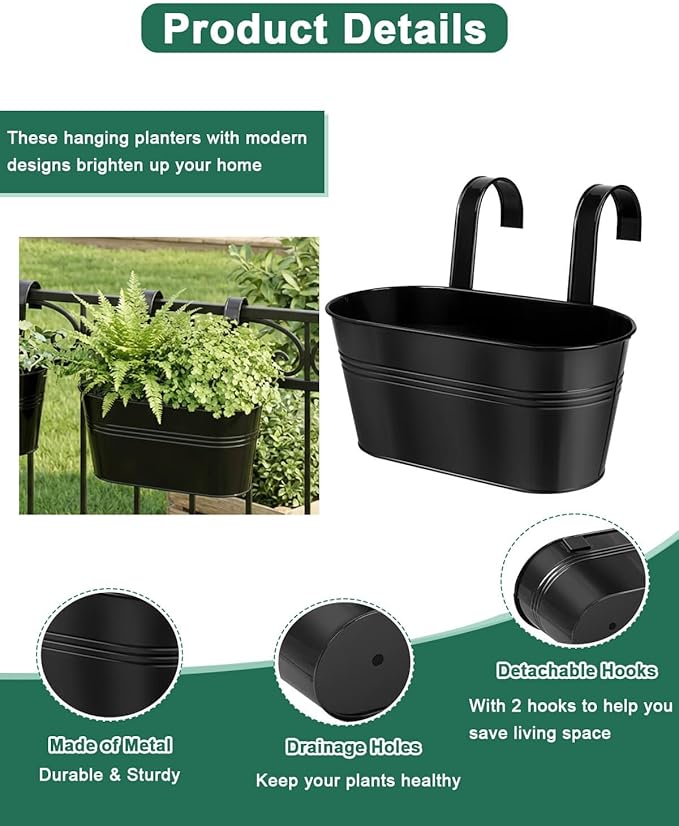 Metal Railing Planters for Outdoor Plants - 5 Pcs Balcony Hanging Flower Pots with Detachable Hooks & Drain Holes, Windowsill Oval Hanging Bucket Pots Fence Planters for Garden Home Decor, Black