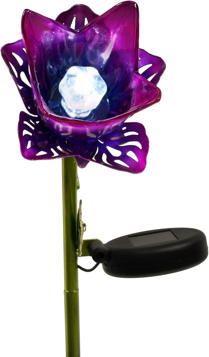 Crosslight Glass Flower Solar LED Waterproof Outdoor Garden Stake - Decorative Electronic Light Garden Decor for Yard, Lawn, Patio, Deck, Pathway, Pond, Backyard (Purple)