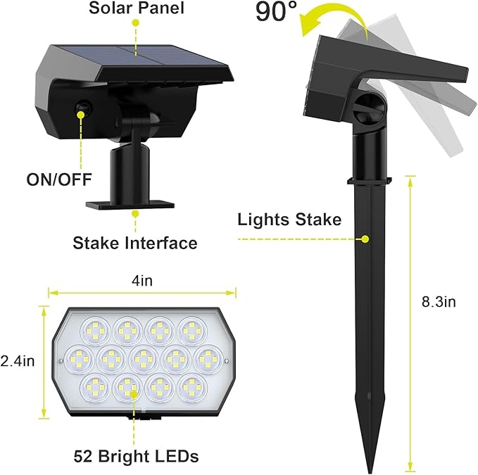 Solar Spot Lights Outdoor Waterproof IP65, [4 Pack/52 LED] 2-in-1 Solar Landscaping Spotlights, 3 Lighting Modes Solar Powered Garden Flood Light for Patio Pathway Driveway Yard Pool (Cool White)