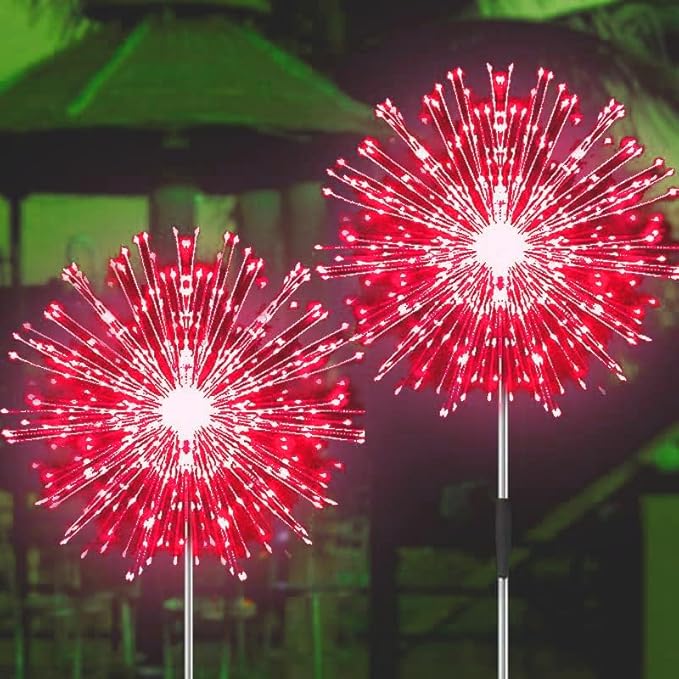 JJGoo Solar Firework Lights, 2 Pack 120 LEDs 2 Lighting Modes Solar Garden Lights Outdoor Waterproof for Yard Patio Walkway Pathway Party Wedding Christmas Decorative - Red