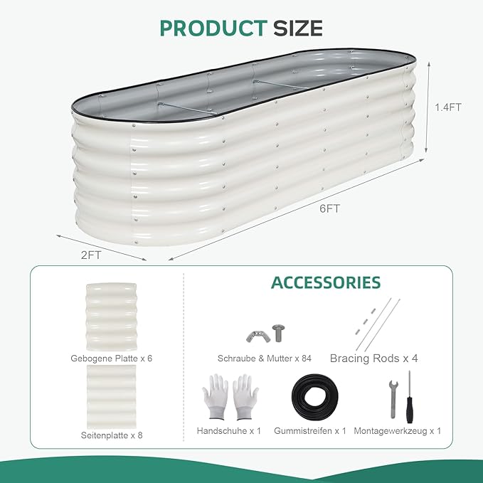 Galvanized Raised Garden Bed - 6×2×1.4ft Planter Raised Beds for Gardening | Oval Metal Garden Planter Box with Safety Edging and Gloves for Vegetables Fruits and Flower White