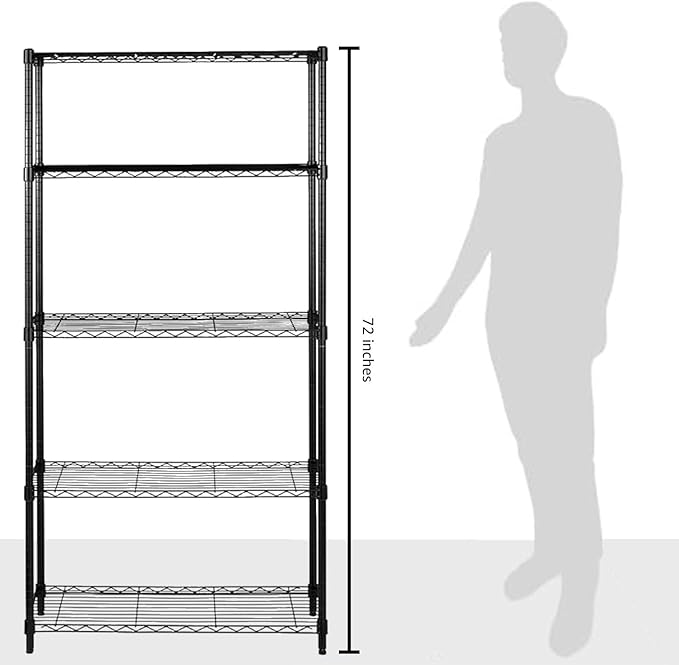 Amazon Basics 5-Shelf Adjustable Heavy Duty Steel Wire Storage Shelves for Garage, Kitchen, Easy Assembly, 36" x 14" x 72", Black | Heavy Duty, Adjustable, for Kitchen, Garage, Shelving Organizer