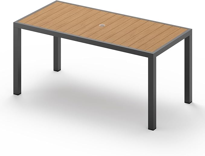67" HDPS Outdoor Patio Dining Table, Aluminum-Edged Outdoor Dining Table with Umbrella Hole, Weather-Resistant for Lawn, Garden, Poolside and Indoor Use, Gray&Teak